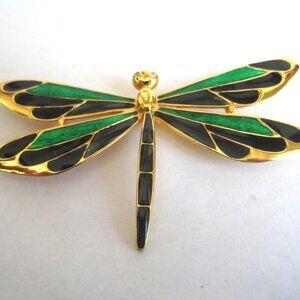 GOLD WASHED and GREEN/BLACK ENAMEL DRAGONFLY PIN 3" x 1 1/2"